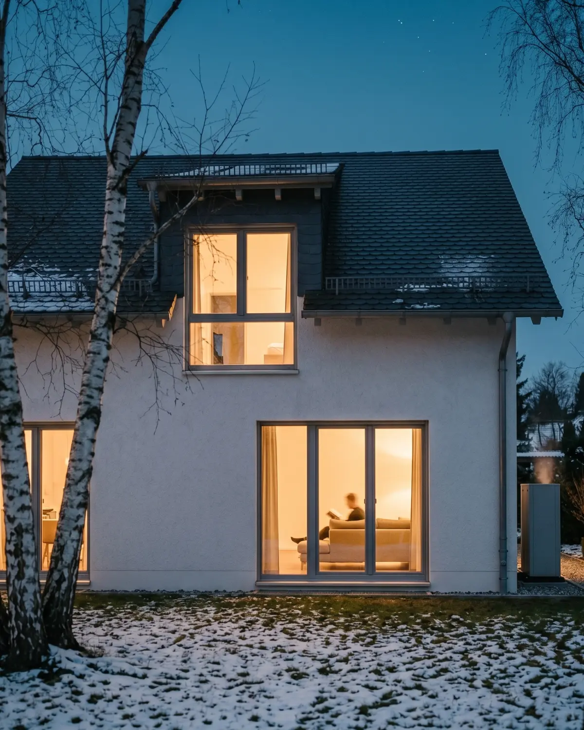 Modern detached house at blue hour with warmly lit windows