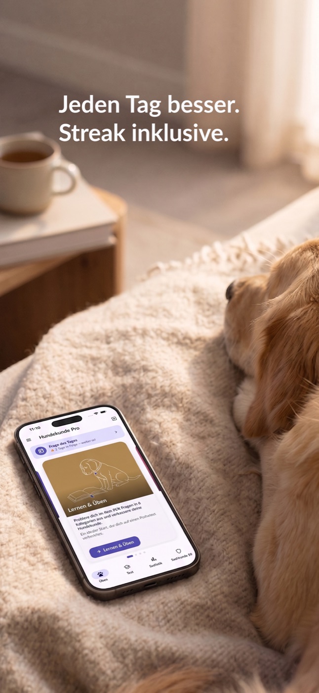 Hundekunde Pro Home-Screen mit Tagesfrage und Streak